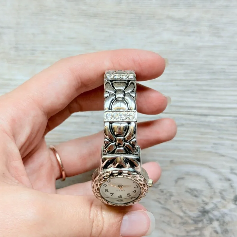Vintage Silver Tone Cuff Bracelet Watch Floral Stretch Bangle Quartz Antique